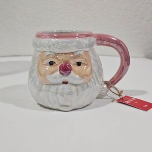 Santa Claus Ceramic Mug Handpainted  with Pink Handle
